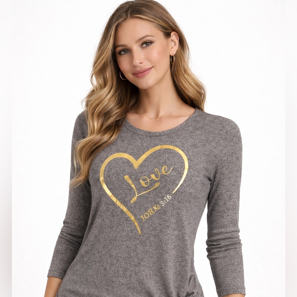 Tan Long Sleeve Top with Gold Heart Design